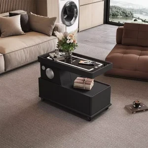 Smart Convertible Handcrafted Mobile Coffee Table Wireless Charging Storage Modern Solid Wood Glass Top Luxury Design Living