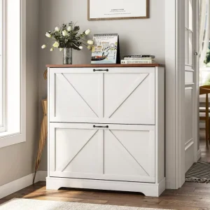 Smart Farmhouse Style Slim Narrow Wood Shoe Storage Cabinet 2 Flip Drawers Easy Assemble Space-Saving Entryway Shoe Organizer