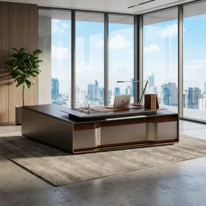 Smart LED Executive Desk 2400mm CEO Table Crystal Glaze Natural Burl Wood E1 MDF Boss Table Office Furniture