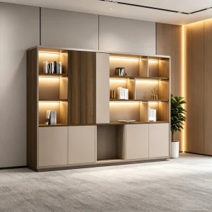 Smart LED Executive Office Cabinet With Push to Open Drawers Bookcase For CEO Suite High End Morandi Style Filing Storage Unit