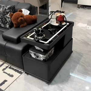 Smart Mobile Coffee Table Wireless Charging Storage Solid Wood Frame Glass Top