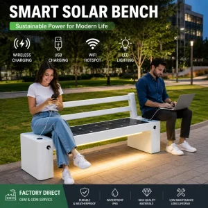 Smart Solar Bench Outdoor Wireless USB Charging LED Light WiFi Hotspot IP65 Waterproof Park Smart City Urban Furniture OEM