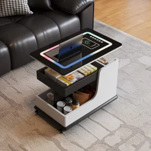 Smart Solid Wood Coffee Table Built in Power Hub Hidden Compartment Adjustable Height Modern Design Compact Living Room
