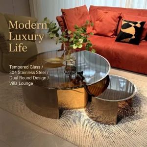 Smoked Tempered Glass 304 Steel Bronze Mirror Drum Dual Crescent Nested Italian Luxury Design Handmade Living Room Furniture