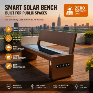 Solar Powered Public Outdoor Bench IP65 Waterproof Garden Bench with Wireless & USB Charging for Urban Parks & Campus