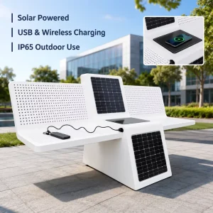 Solar Powered Smart Outdoor Bench with USB & Wireless Charging IP65 Waterproof Public Park Bench for Smart City Projects