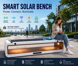 Solar Smart Outdoor Bench with USB Wireless Charging WiFi Bluetooth Waterproof Stainless Steel for Public Park Plaza Campus