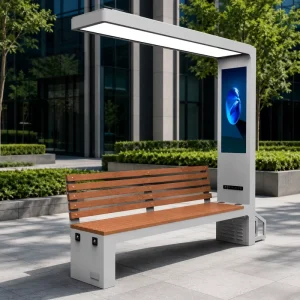 Solar Smart Park Bench With Canopy LED Lighting Advertising Screen Outdoor Public Charging Leisure Bench