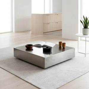 Solid Mirror Polished Stainless Steel Square Coffee Table Integrated Block Structure Modern Minimalist Living Room Sofa Durable