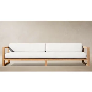 Solid Natural Teak Frame Square Arm Cream Water Resistant Cushion Modern Patio Three Seater Sofa
