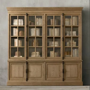 Solid Oak Rustic Bookcase Glass Display Cabinet Storage Cabinet Living Room Furniture