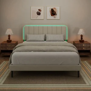 Solid Oak Wood Storage Smart Bed Frame Adjustable Height Modern Bedroom Furniture Featuring RGB LED Lights App Control