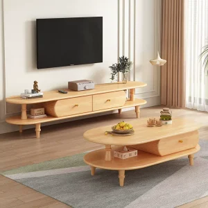 Solid Rubber Wood Durable Eco Friendly Coffee Table TV Cabinet Set Oval Storage Drawers Minimalist Living Room Furniture