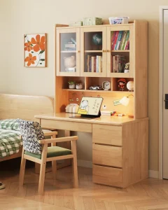 Solid Wood All in One Kids Study Desk and Bookshelf Home Writing Table and Bookcase Combo Elementary School Student Computer Desk
