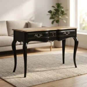 Solid Wood Antique French Bedroom Furniture Black Stain Curved Four Legs Dressing Table Coffee Table