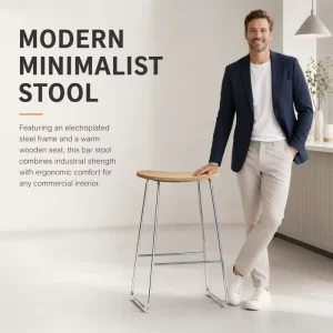 Solid Wood Bar Stool Ergonomic Curved Seat Electroplated Metal Legs Backless Counter Stool with Footrest Home Commercial Use