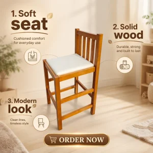Solid Wood Bar Stool With Soft Cushion Modern Slatted Back High Dining Chair