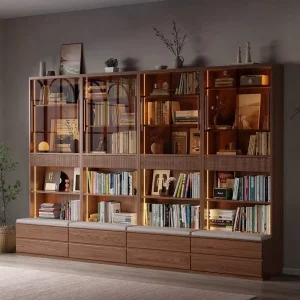 Solid Wood Built in Bookcase System Full Wall Storage with Bench Seating Drawers Custom Cabinet
