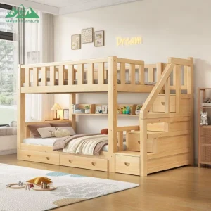 Solid Wood Bunk Bed with Stair Drawers Montessori Storage Bed for Kids Bedroom Daycare