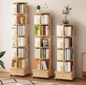 Solid Wood Circular Rotating Bookshelf with Wheels 360 Degree Wide Type Rolling Bookshelf Tower Suitable for Children