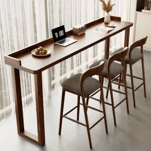 Solid Wood Commercial Rectangular Bar Table Walnut Color Balcony Long Window Side Narrow Cafe High Top Table Chair Combination