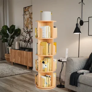 Solid Wood Corner Shelf Floor Mount Storage Shelves Bookcase 360 Rotating Living Room Multi functional Bookshelf