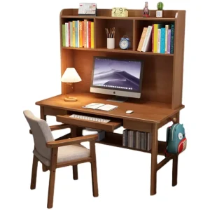 Solid Wood Desk with Bookshelf Modern Minimalist Computer Desk Home Office Writing Desk Bedroom Study Desk Natural Wood