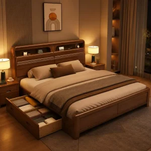 Solid Wood Double Bed Frame with End Opening Storage for Contemporary Bedroom Sets