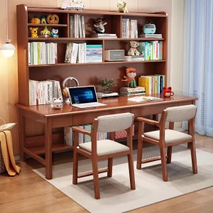 Solid Wood Double Desk Bookshelf Integrated Home Computer Writing Desk for Primary School Students Multi Person Combination