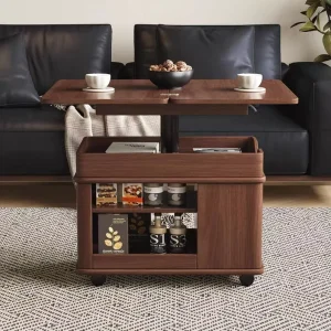Solid Wood Folding Coffee Table Modern Design Adjustable Height Moveable Side Table Stainless Steel Frame Small Apartments