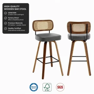 Solid Wood Frame Bar Stool for Home Bar and Kitchen Island 360 degree Swivel Bar Stool