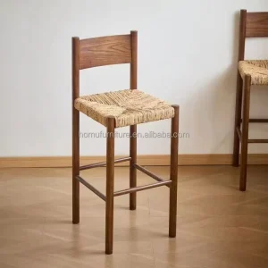 Solid Wood Frame High Foot Rope Woven Seat Back Bar Stool Midcentury Design Durable Light Weight Hotel Dining Living Room