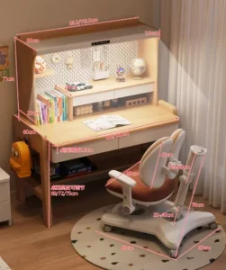 Solid Wood Height Adjustable Study Desk and Chair Set with Integrated Bookshelf and Pegboard for Home