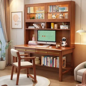 Solid Wood Integrated Bookcase Modern Simple Computer Desk for Students and Children for Small Apartments