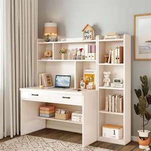 Solid Wood Integrated Computer Desk Home Office Children’s Learning Writing Workbench with Bookcase Bookshelf