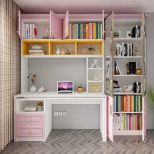 Solid Wood Integrated Computer Desk with Bookshelf Modern Home Bedroom Girls’ Study Writing Desk for Office or Living Room Use