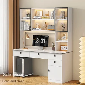 Solid Wood Integrated Student Study Desk with Wall Bookcase Desktop Computer Desk and Bookshelf Storage for Bedroom Home