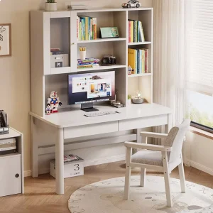 Solid Wood Kids Study Desk with Bookshelf Combination Children Writing Table Adjustable Chair Set for Bedroom