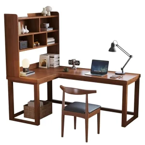 Solid Wood L-Shape Corner Desk with Bookshelf DB03 Model for Office Computer Writing and Window-Side Use