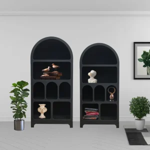 Solid Wood MDF Storage Bookcase Modern Arched Design Black Color Home Bookshelf Display Cabinet for School & Home Use