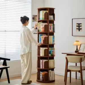 Solid Wood Modern Rotating 360 Degree Floor Standing Home Office and Student Multi Layer Storage Thickened Backless Bookshelf
