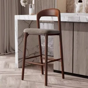 Solid Wood Modern Simple Back Elegant Stool Kitchen Tall Dining Chairs Italy Wooden and Leather Bar Chair for Bars