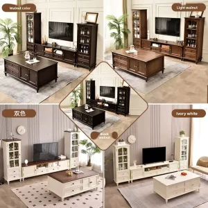 Solid Wood Modern TV Cabinet Coffee Table Combo Storage Function for Small Apartment Living Room Vertical Drawers Home Furniture