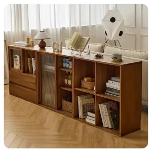 Solid Wood Multi functional Combination Bookcase Sliding Door Storage Cabinet Medium Antique Japanese Style Bedroom Living Room