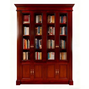 Solid Wood Okoume Painted Display Wood Bookcase Dark Brown Door Glass Eco friendly Paint Multi layer Wooden Bookshelf Office