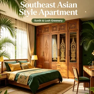 Solid Wood Rattan Bedroom Furniture Set Apartment Full Furnishing Wardrobe Desk Chair Nightstand