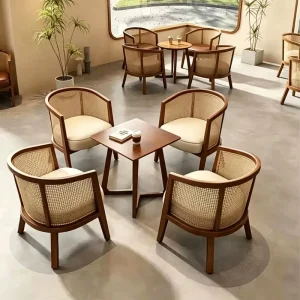 Solid Wood Rattan Nordic Commercial Restaurant Furniture Coffee Shop Leisure Chair Table Set for Bars Reception Areas