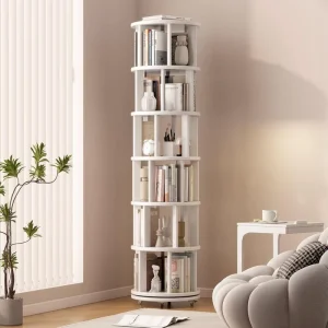 Solid Wood Rotating Bookshelf with Wheel Six Round Display Rack Natural Solid Wood Made Unique Design for Small Space Corner