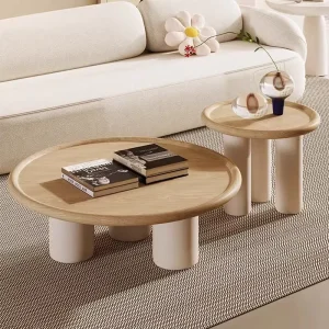 Solid Wood Round Coffee Table Set Living Room Wabi sabi Cream tone White Minimalist Modern Design Small Coffee Table Combination