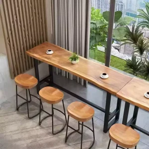 Solid Wood Simple Cafe Window bar Table Coffee Table bar Table and Chair Set High Table and bar Chair Wood Tabletop Iron Feet